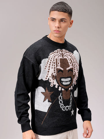 Men's Black Oversized Character Printed Sweater