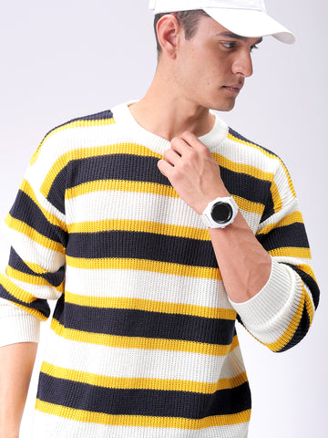 Men's Grey Oversized Striped Crew Neck Sweater