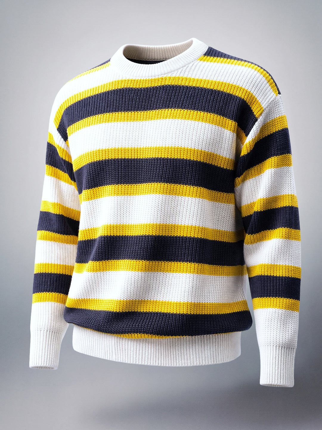 Men's Grey Oversized Fit Striped Street Wear Sweater
