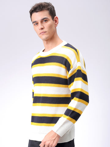 Men's Grey Oversized Striped Crew Neck Sweater