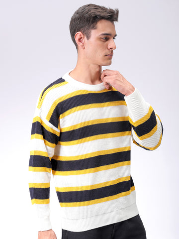 Men's Grey Oversized Striped Crew Neck Sweater