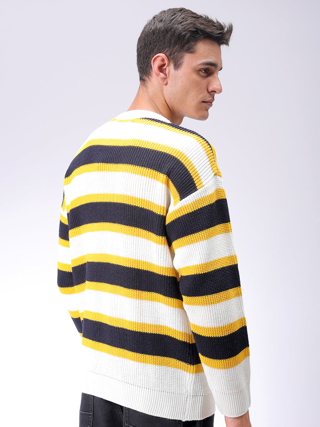 Men's Grey Oversized Striped Crew Neck Sweater