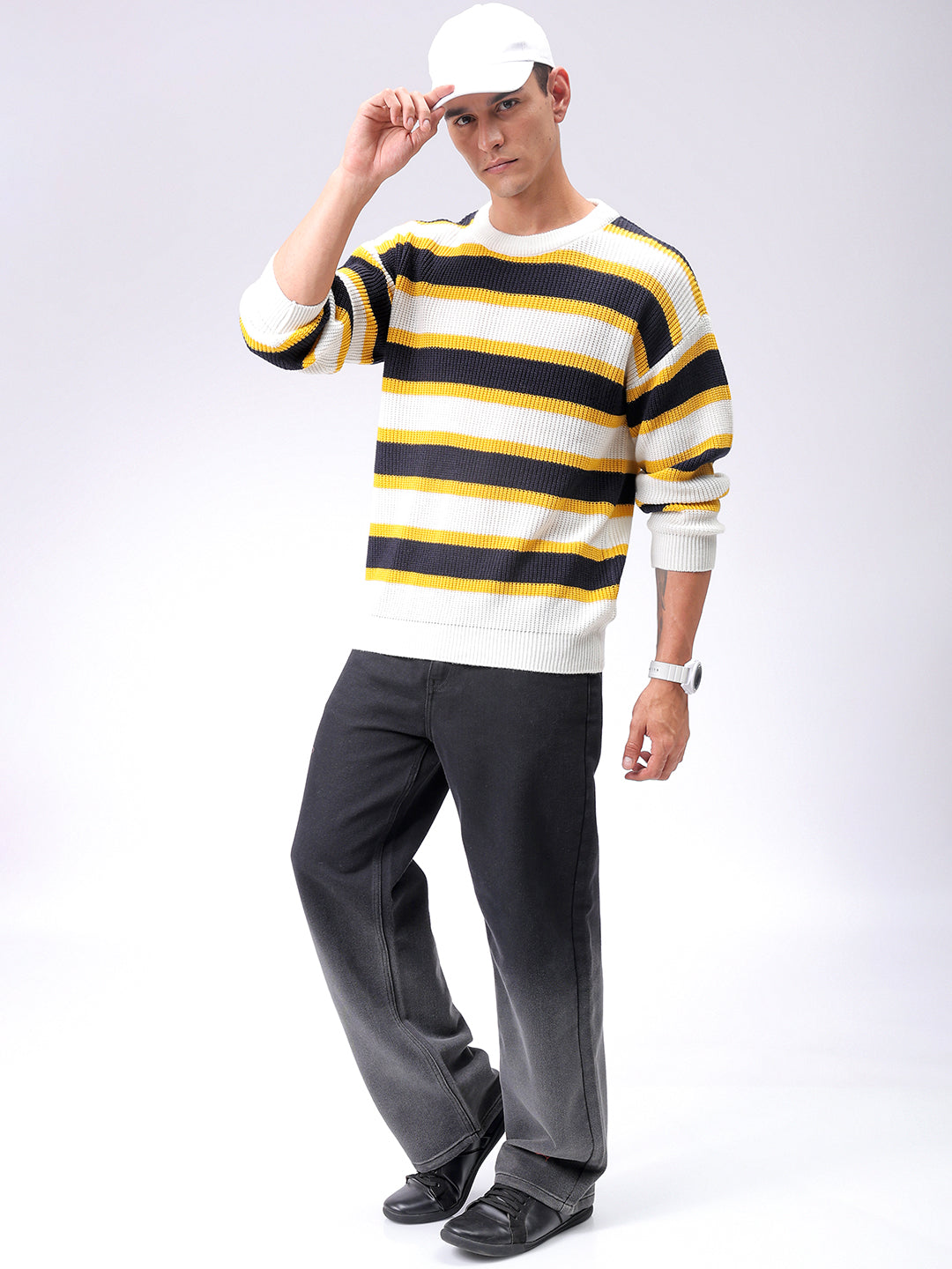 Men's Grey Oversized Striped Crew Neck Sweater