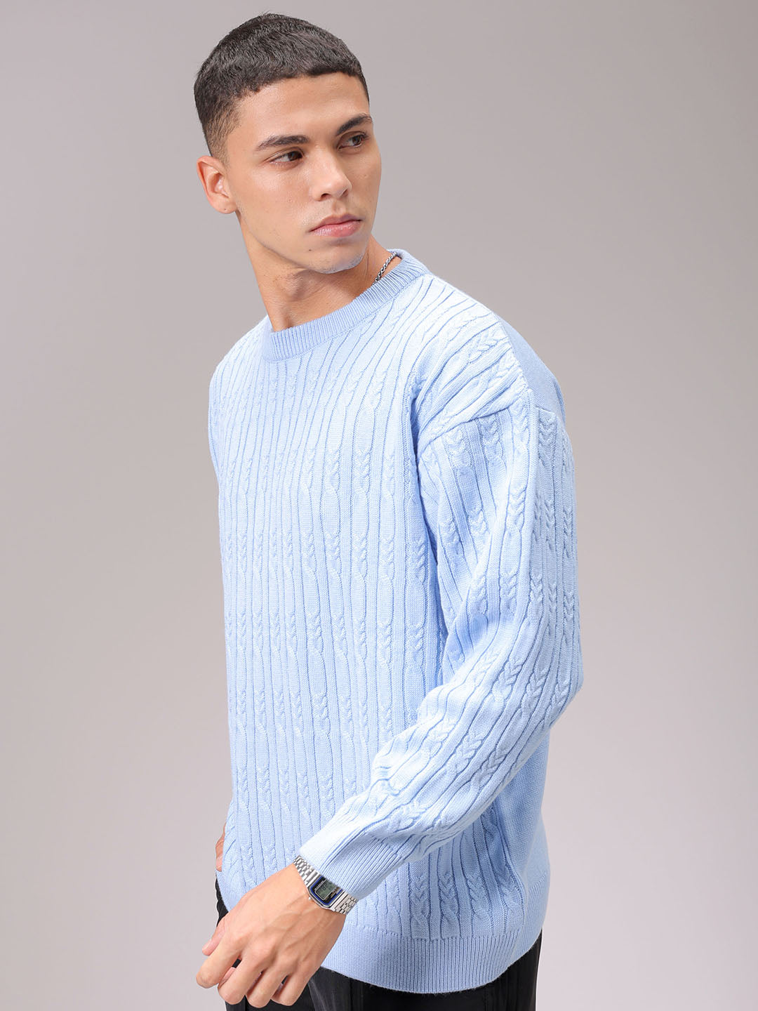 Men's Blue Oversized Textured Sweater