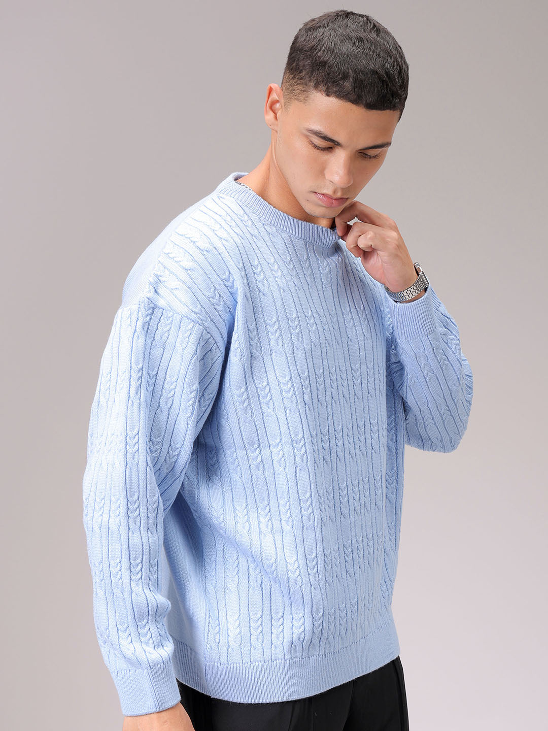 Men's Blue Oversized Textured Sweater