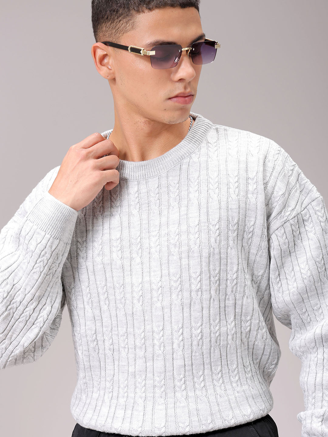 Men's Grey Oversized Textured Sweater