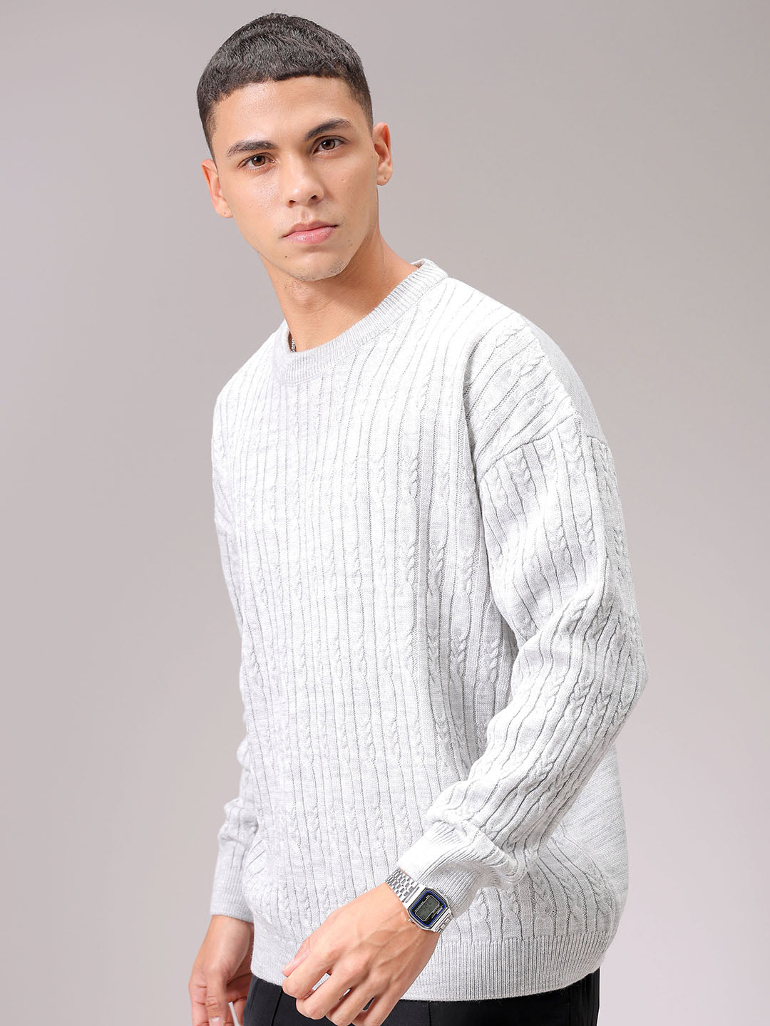 Men's Grey Oversized Textured Sweater