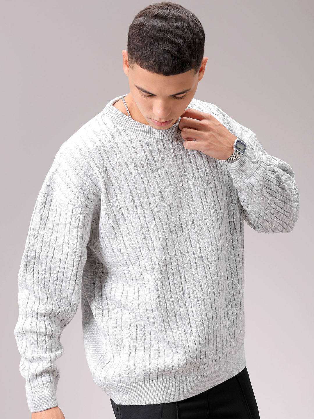 Men's Grey Oversized Textured Sweater