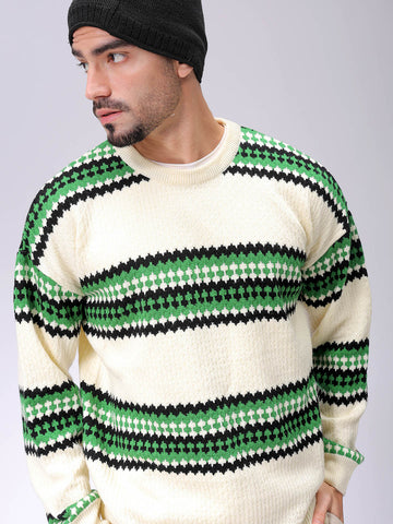 Men's Oversized Horizontal Striped Crew Neck Sweater