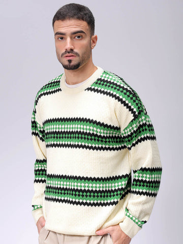 Men's Oversized Horizontal Striped Crew Neck Sweater