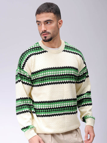 Men's Oversized Horizontal Striped Crew Neck Sweater