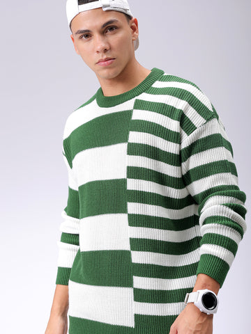 Men's Green Oversized Striped Crew Neck Sweater