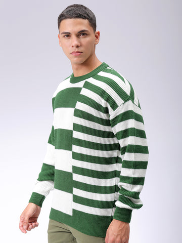 Men's Green Oversized Striped Crew Neck Sweater