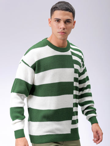 Men's Green Oversized Striped Crew Neck Sweater