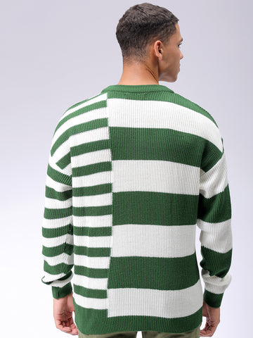 Men's Green Oversized Striped Crew Neck Sweater