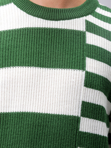 Men's Green Oversized Striped Crew Neck Sweater