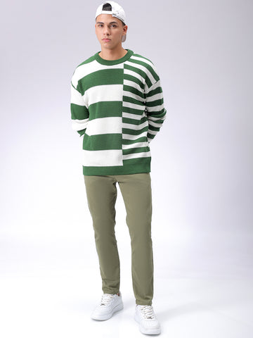 Men's Green Oversized Striped Crew Neck Sweater