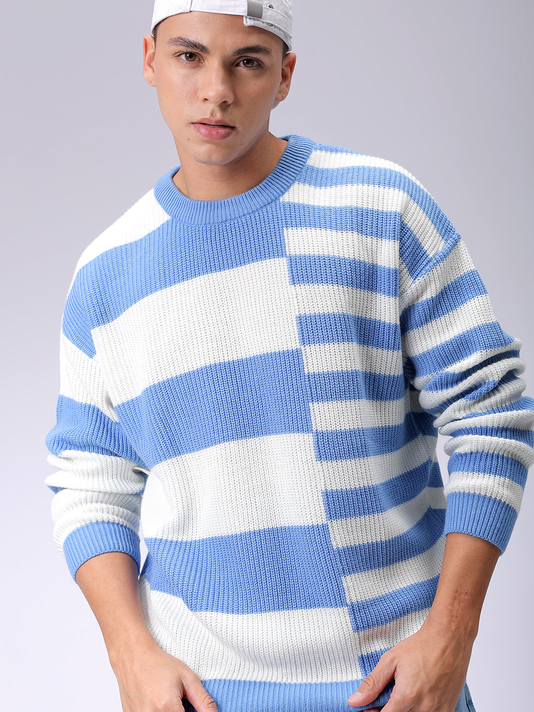 Men's Blue Oversized Striped Crew Neck Sweater