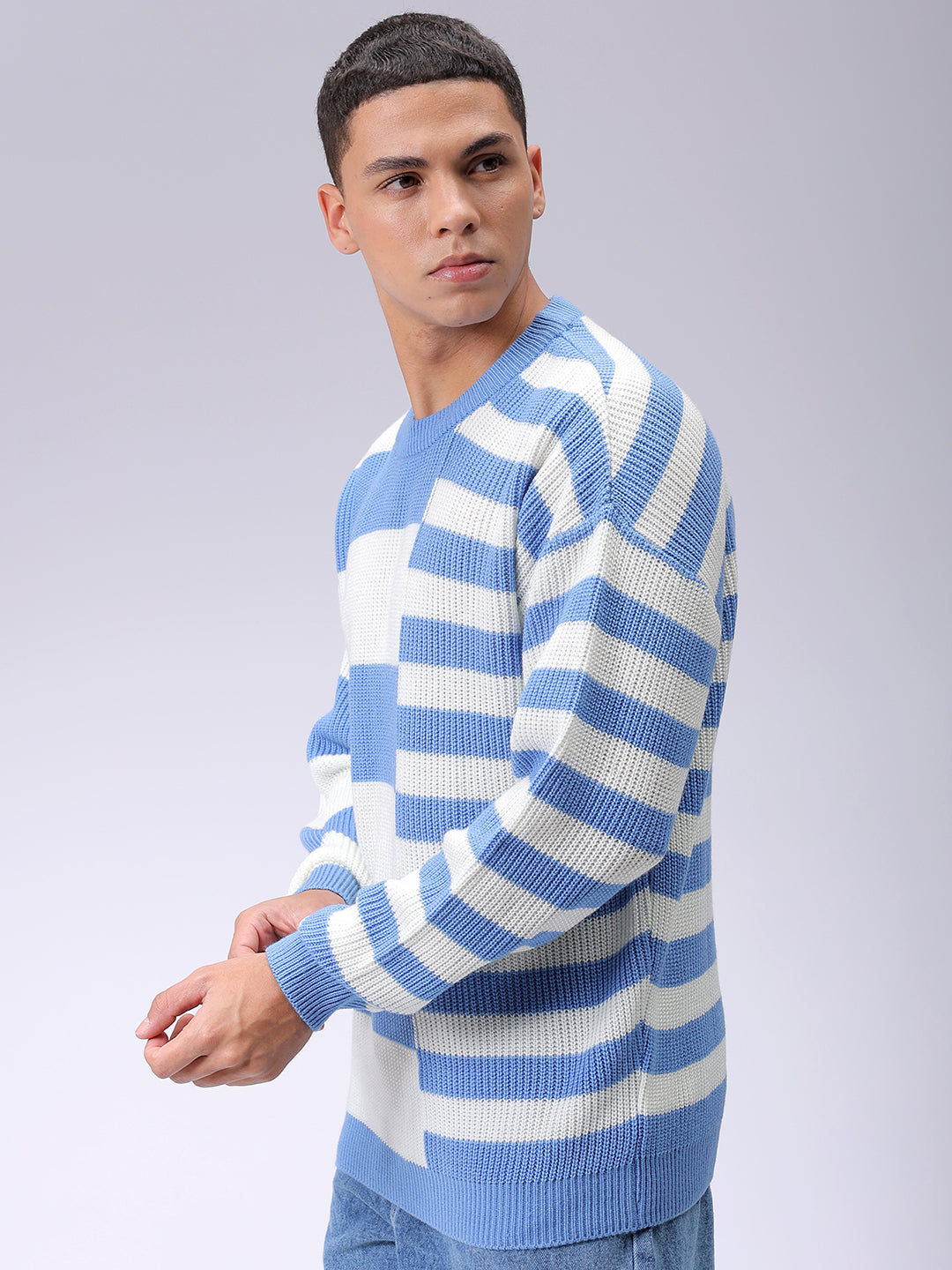 Men's Blue Oversized Striped Crew Neck Sweater