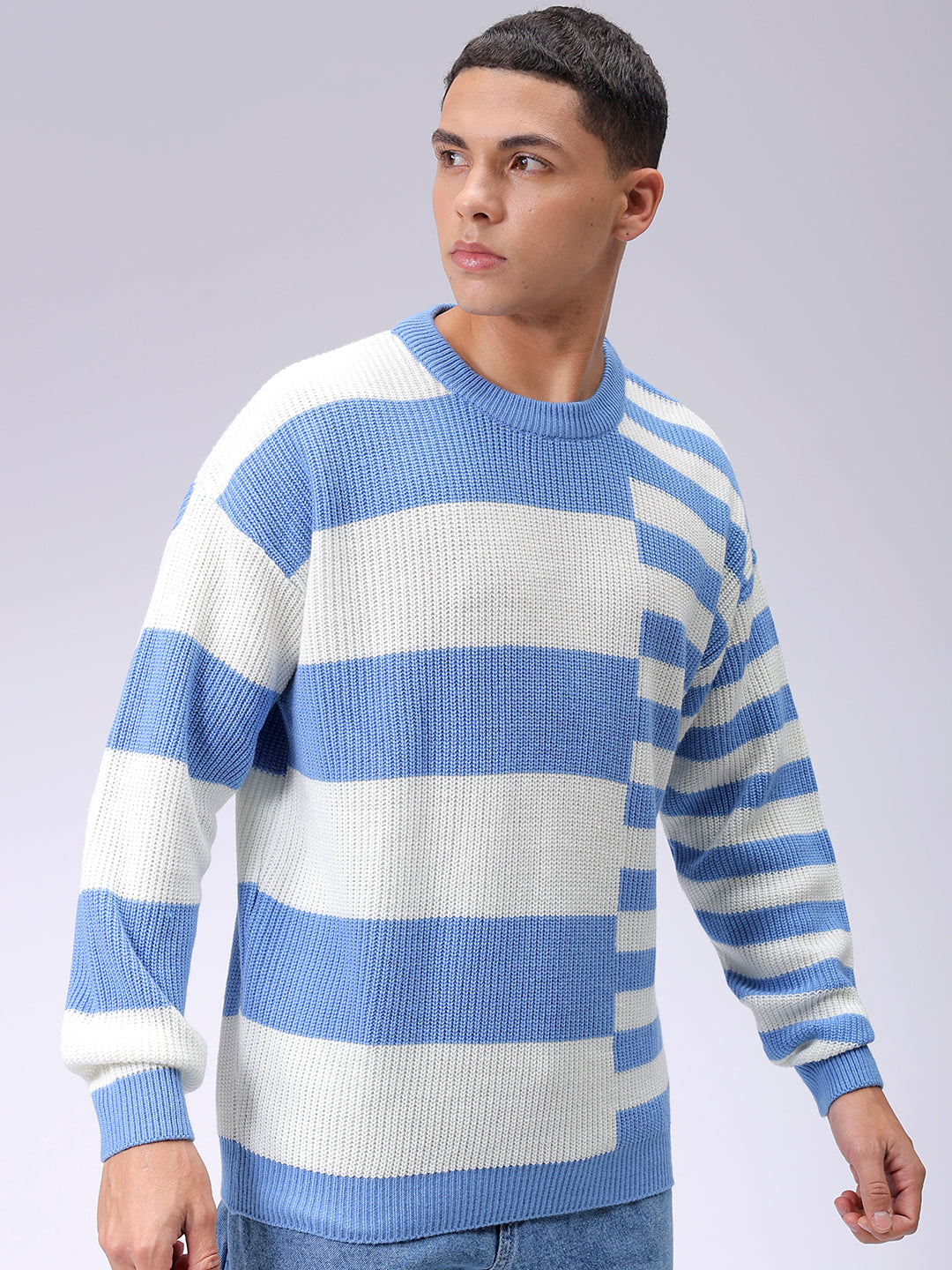 Men's Blue Oversized Striped Crew Neck Sweater