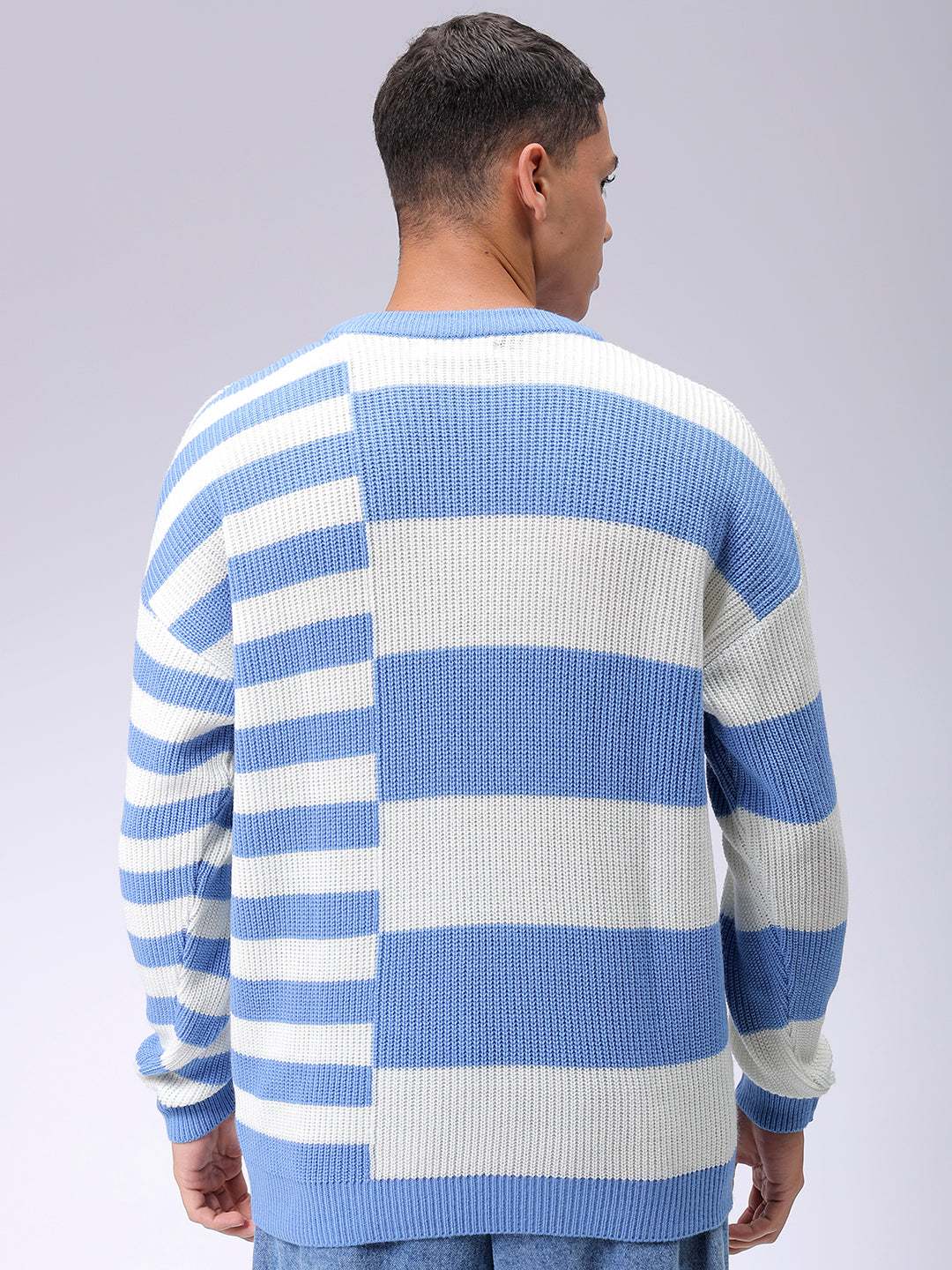 Men's Blue Oversized Striped Crew Neck Sweater