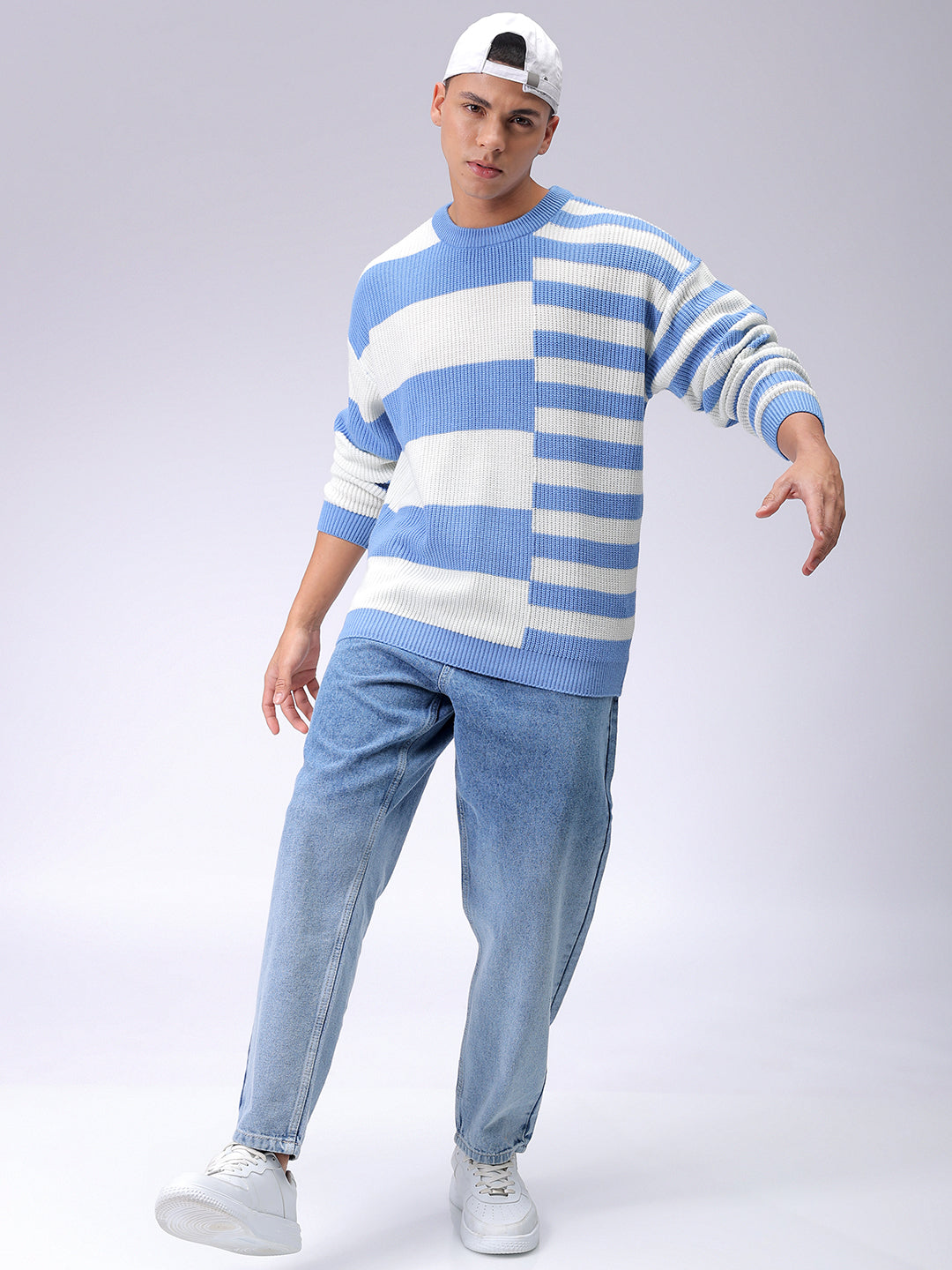 Men's Blue Oversized Striped Crew Neck Sweater