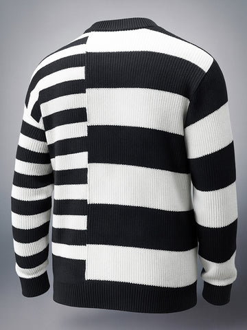 Men's Black Oversized Striped Crew Neck Sweater