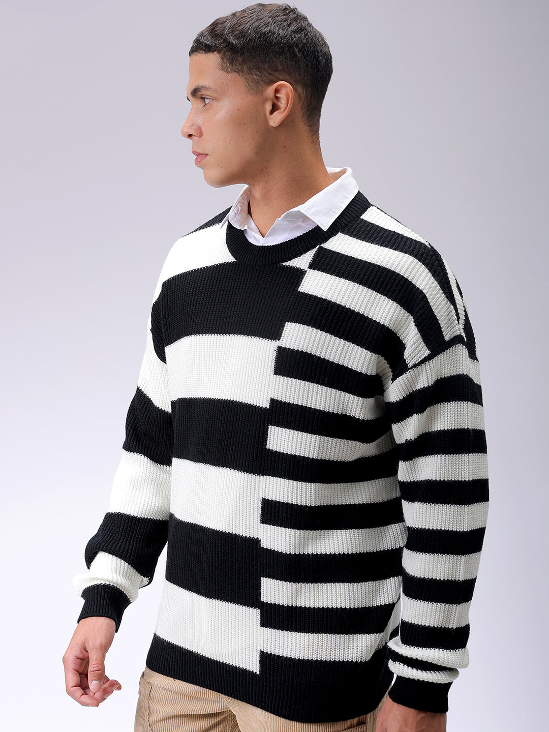 Men's Black Oversized Striped Crew Neck Sweater