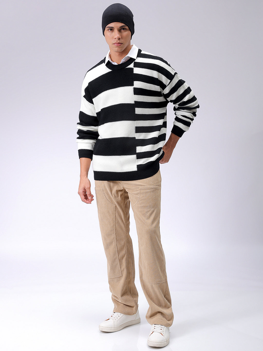 Men's Black Oversized Striped Crew Neck Sweater