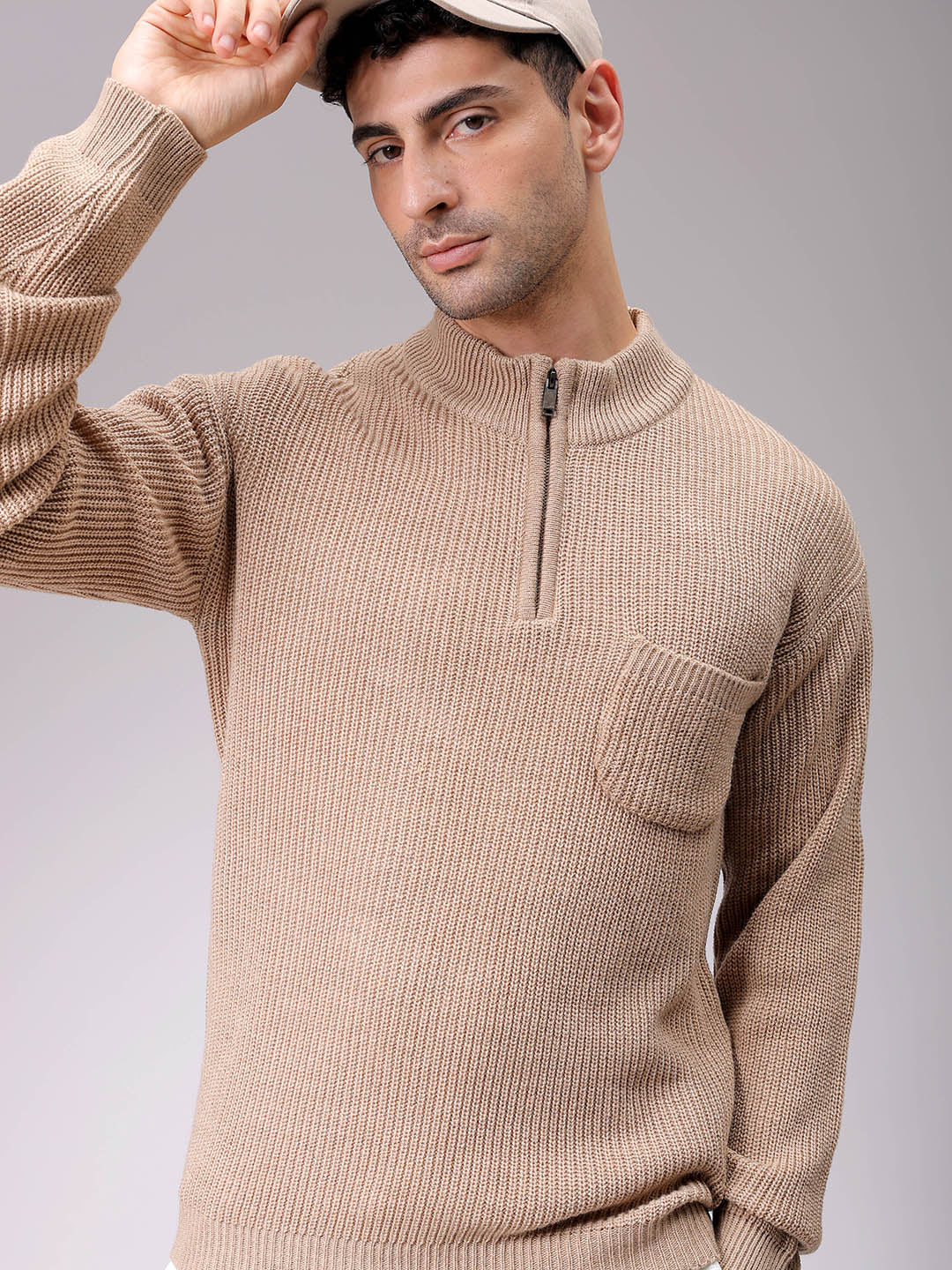 Men's Beige Oversized Textured Half Open High Neck Sweater