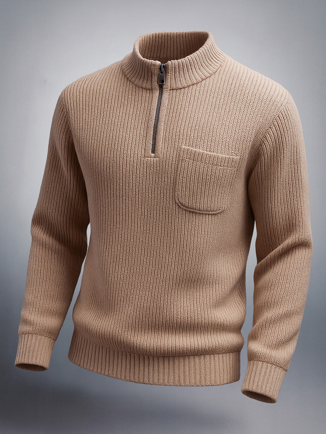 Men's Beige Oversized Textured Half Open High Neck Sweater