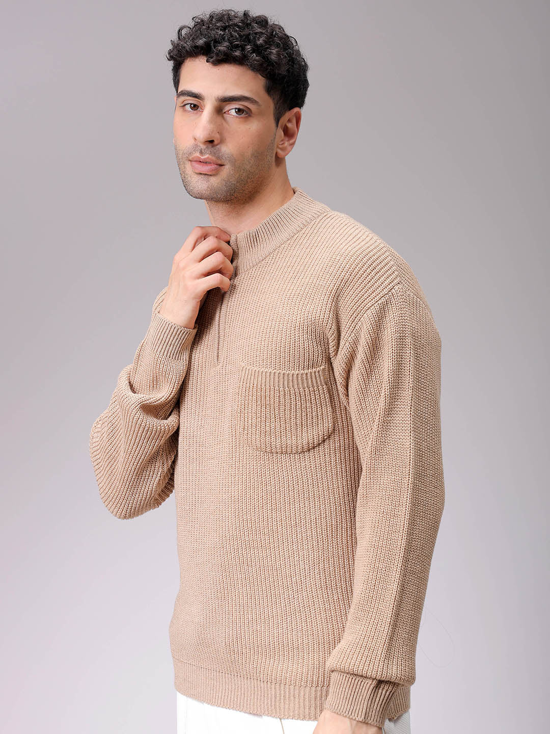 Men's Beige Oversized Textured Half Open High Neck Sweater