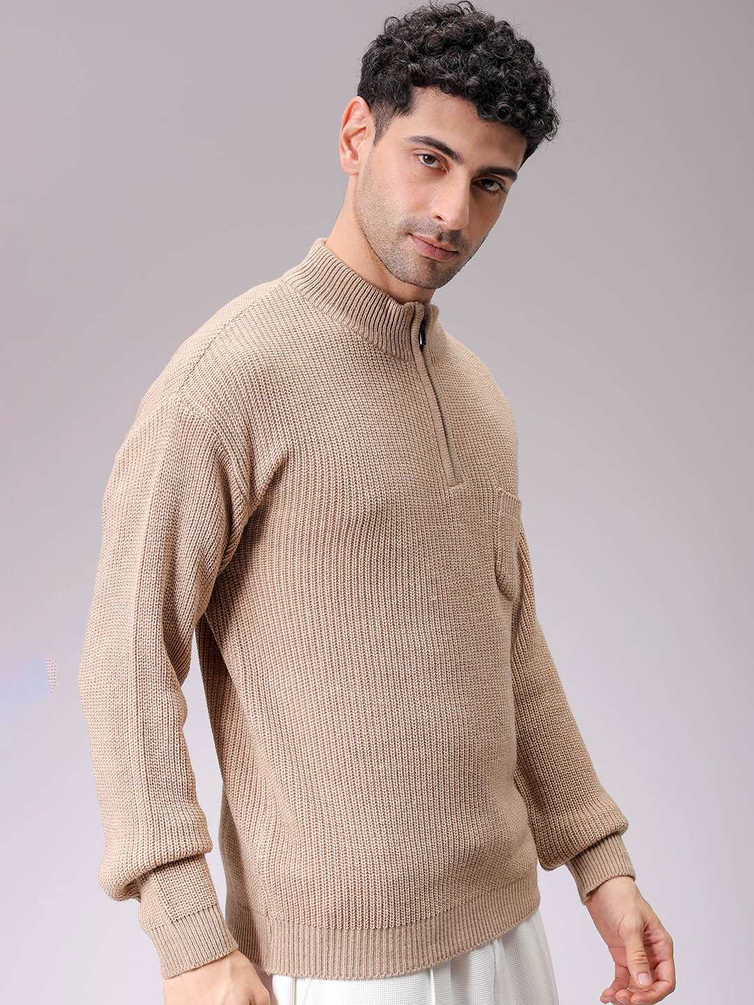 Men's Beige Oversized Textured Half Open High Neck Sweater