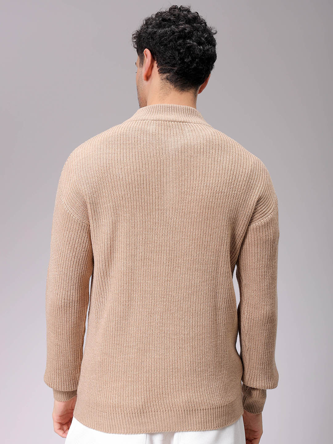 Men's Beige Oversized Textured Half Open High Neck Sweater