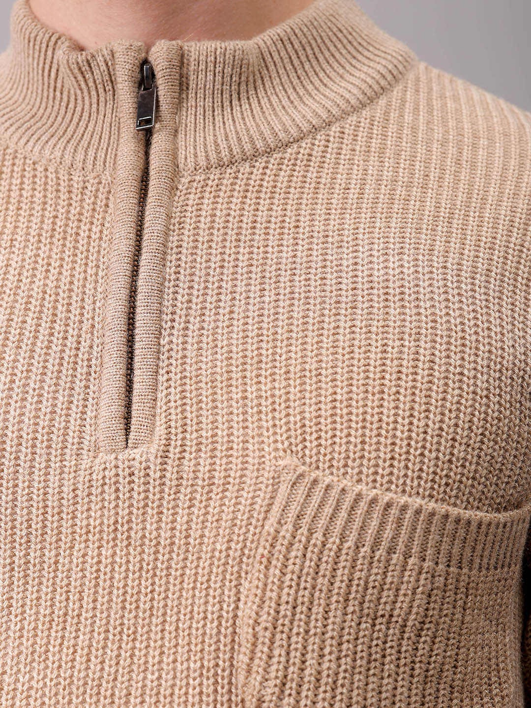 Men's Beige Oversized Textured Half Open High Neck Sweater