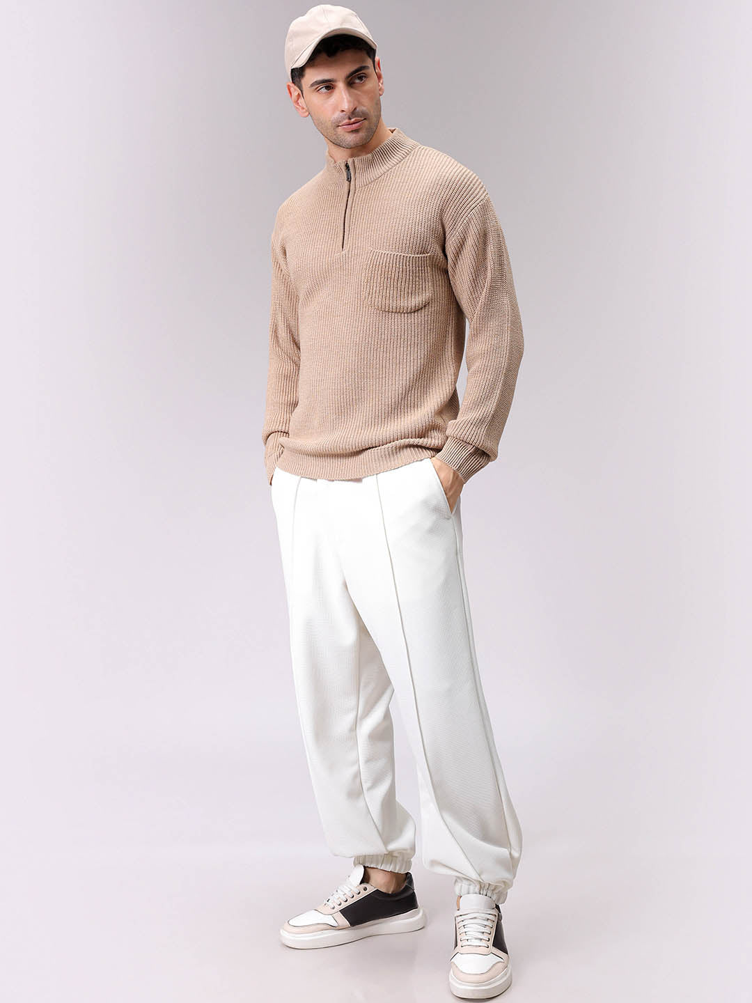 Men's Beige Oversized Textured Half Open High Neck Sweater