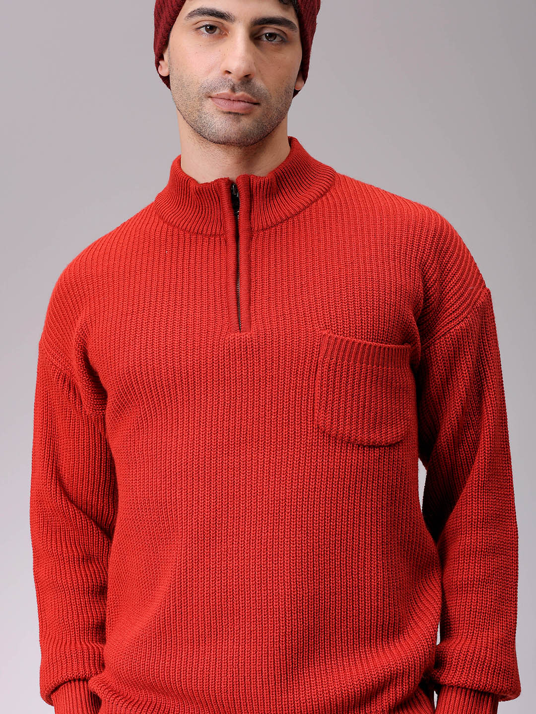 Men's Rust Oversized Textured Half Open High Neck Sweater