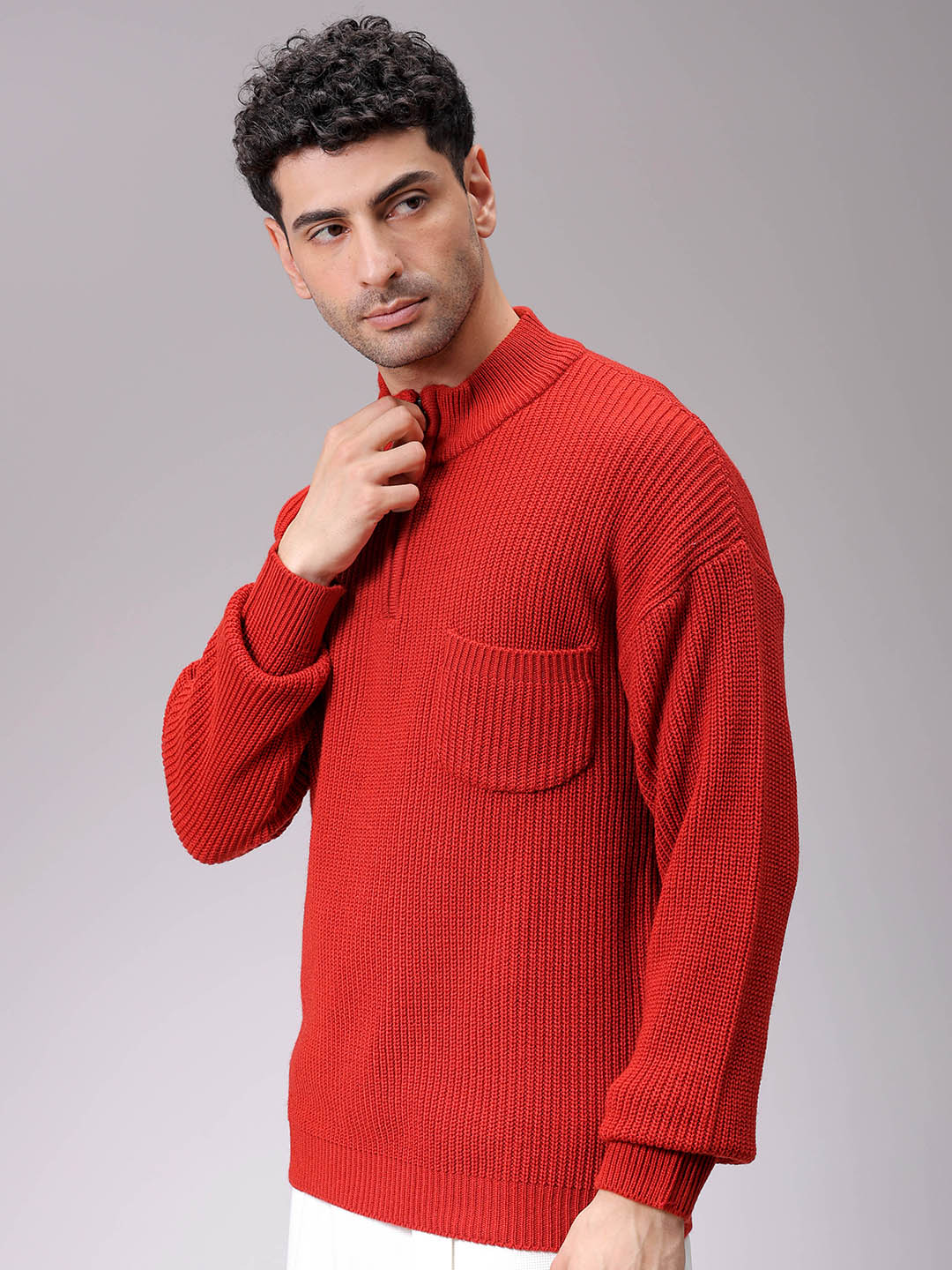 Men's Rust Oversized Textured Half Open High Neck Sweater