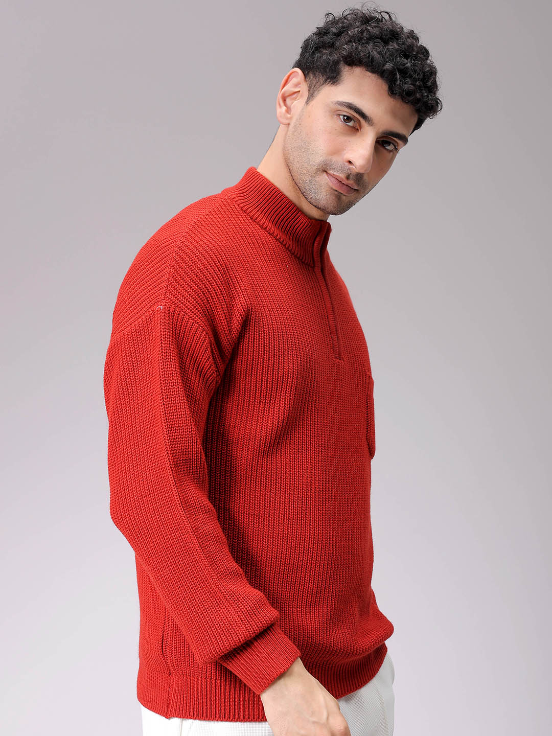 Men's Rust Oversized Textured Half Open High Neck Sweater