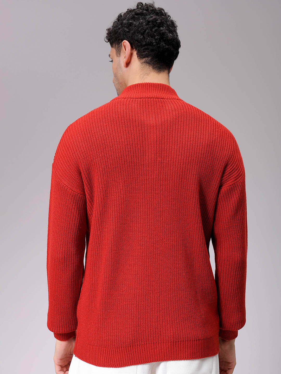 Men's Rust Oversized Textured Half Open High Neck Sweater