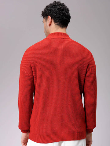 Men's Rust Oversized Textured Half Open High Neck Sweater
