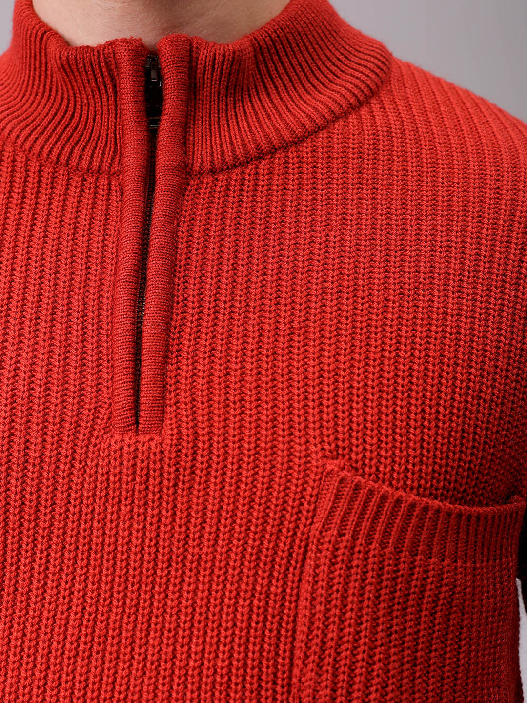 Men's Rust Oversized Textured Half Open High Neck Sweater