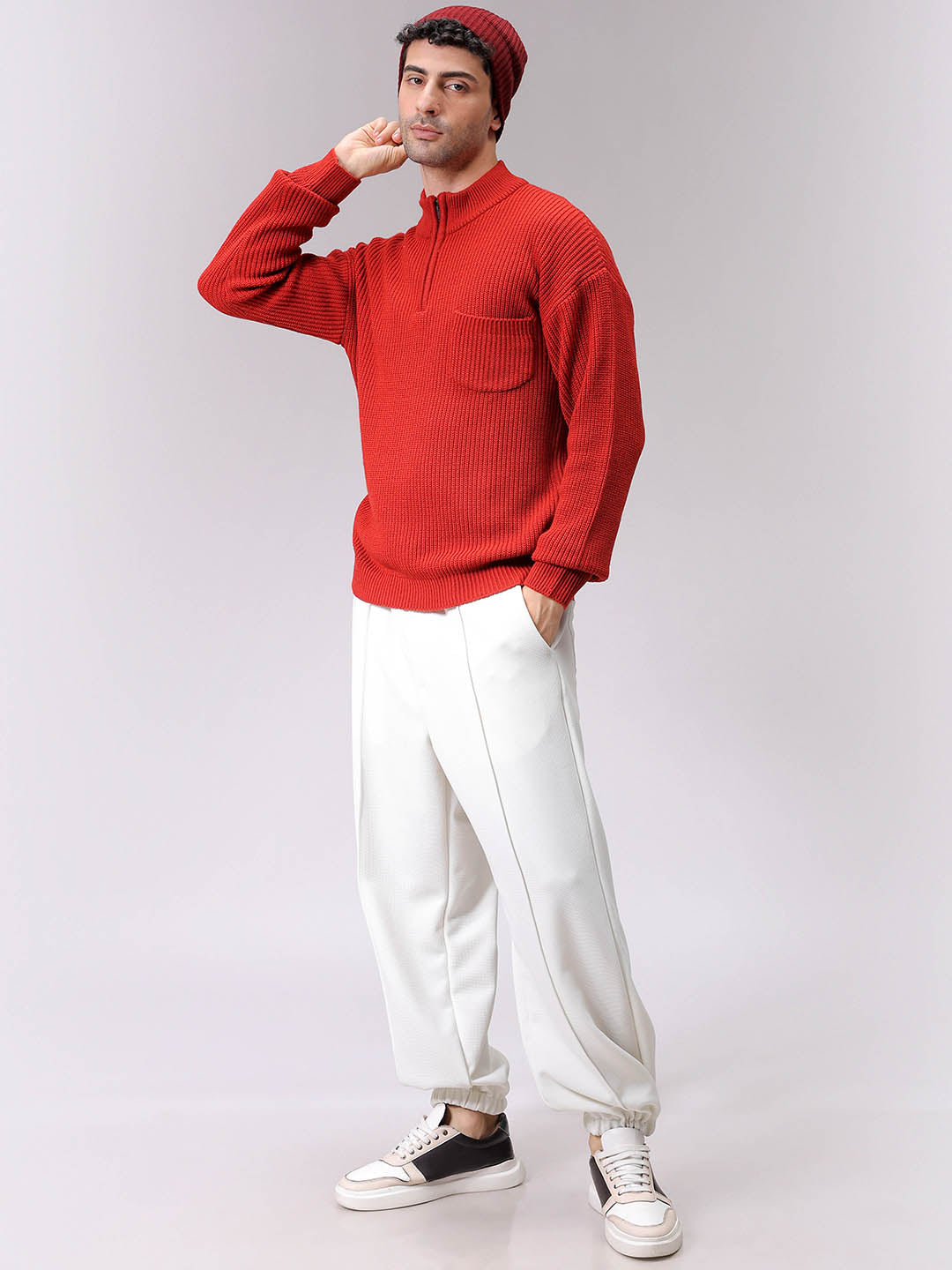 Men's Rust Oversized Textured Half Open High Neck Sweater