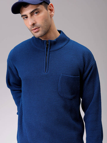 Men's Navy Blue Oversized Textured Half Open High Neck Sweater
