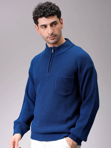 Men's Navy Blue Oversized Textured Half Open High Neck Sweater