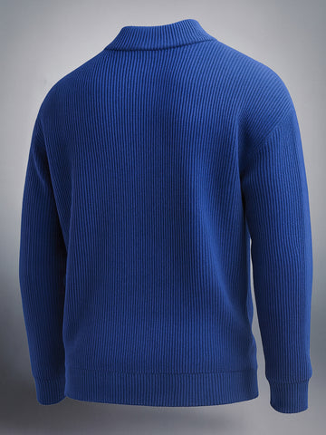 Men's Navy Blue Oversized Textured Half Open High Neck Sweater