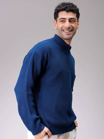 Men's Navy Blue Oversized Textured Half Open High Neck Sweater