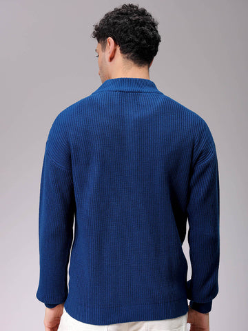 Men's Navy Blue Oversized Textured Half Open High Neck Sweater
