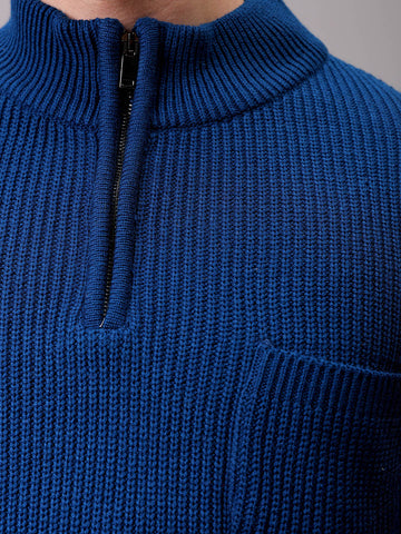 Men's Navy Blue Oversized Textured Half Open High Neck Sweater