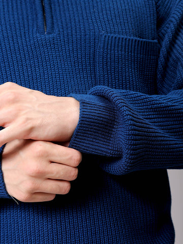 Men's Navy Blue Oversized Textured Half Open High Neck Sweater